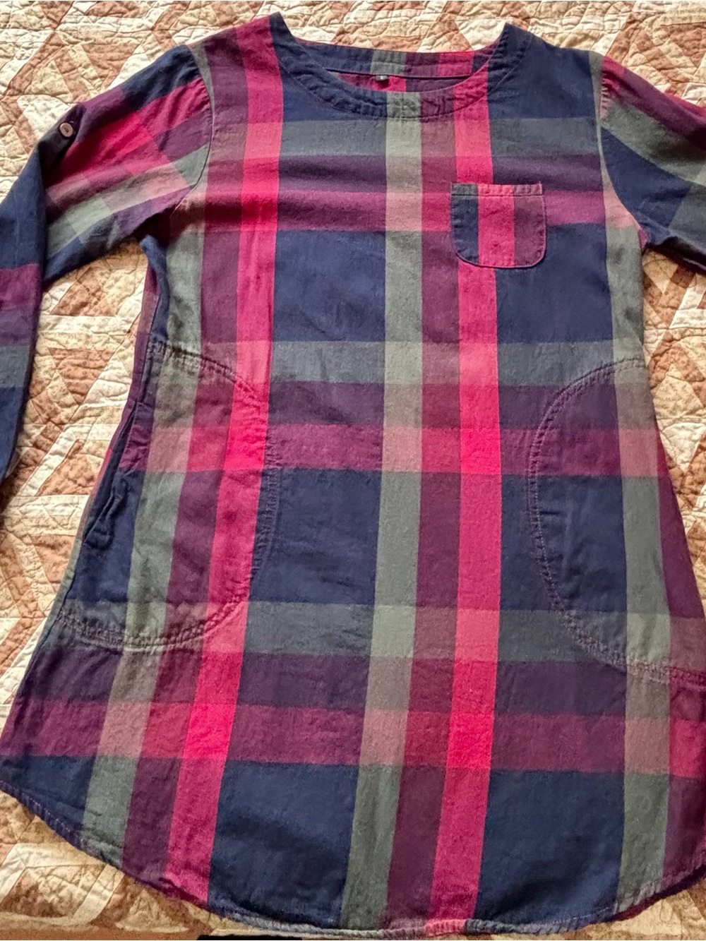 Plaid Long Sleeve Tunic Dress in Navy, Pink & Olive